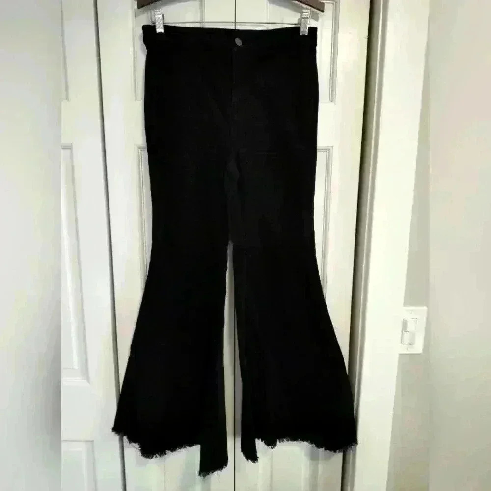 Fashion On Earth Women's Black Corduroy Stretch Flare Bell Bottom pants | Medium